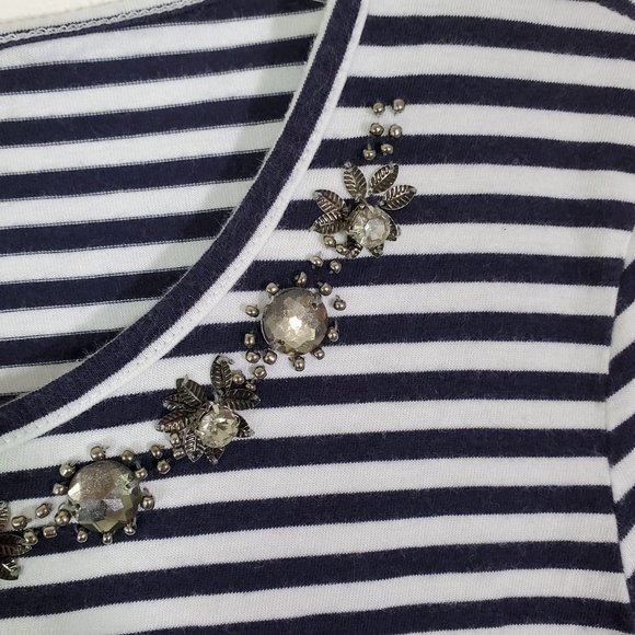 Chico's Striped Jeweled Neckline Short Sleeve Nautical Top Size Large - Picture 5 of 6